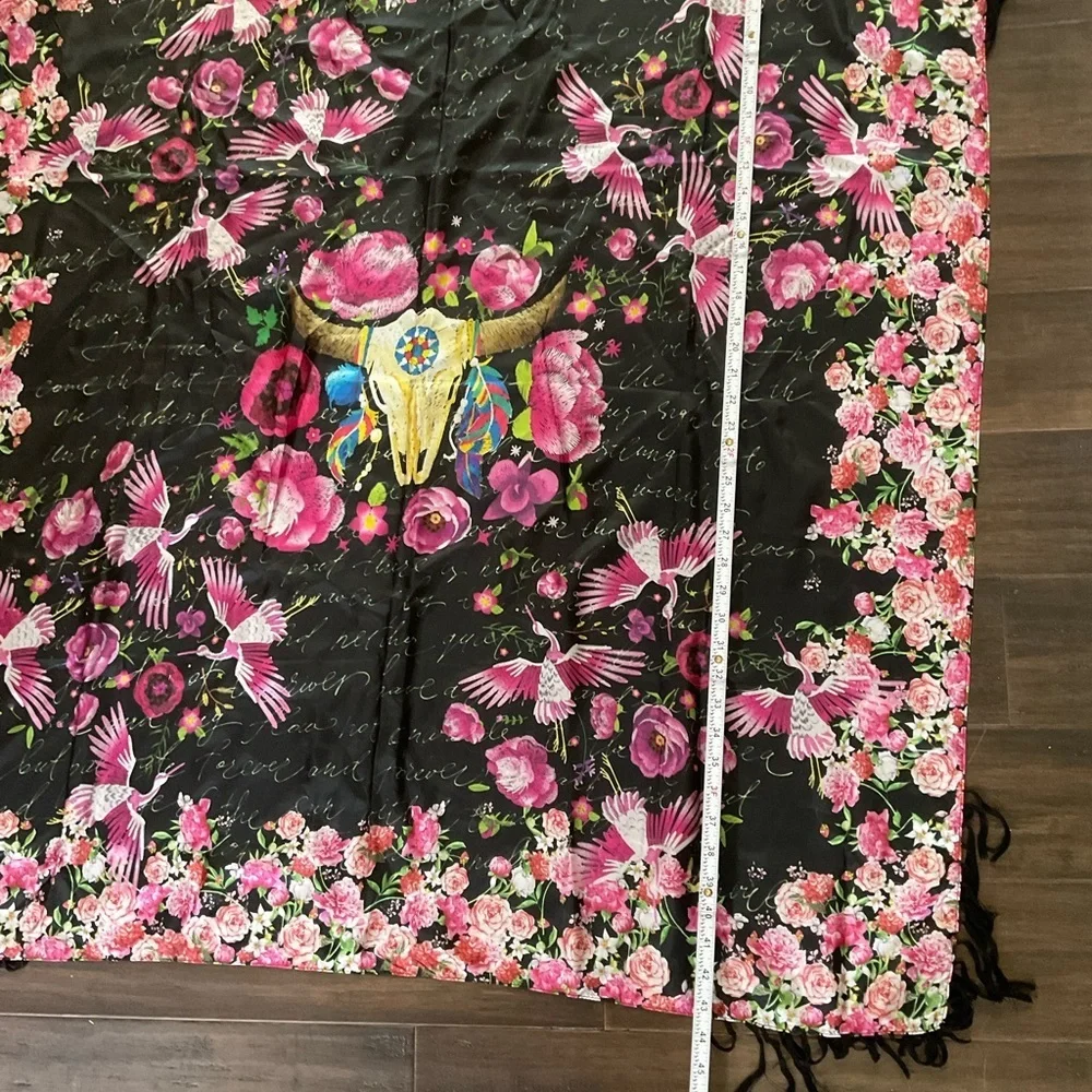 Johnny Was Large Floral Longhorn Skull Silk Scarf With Tassels
